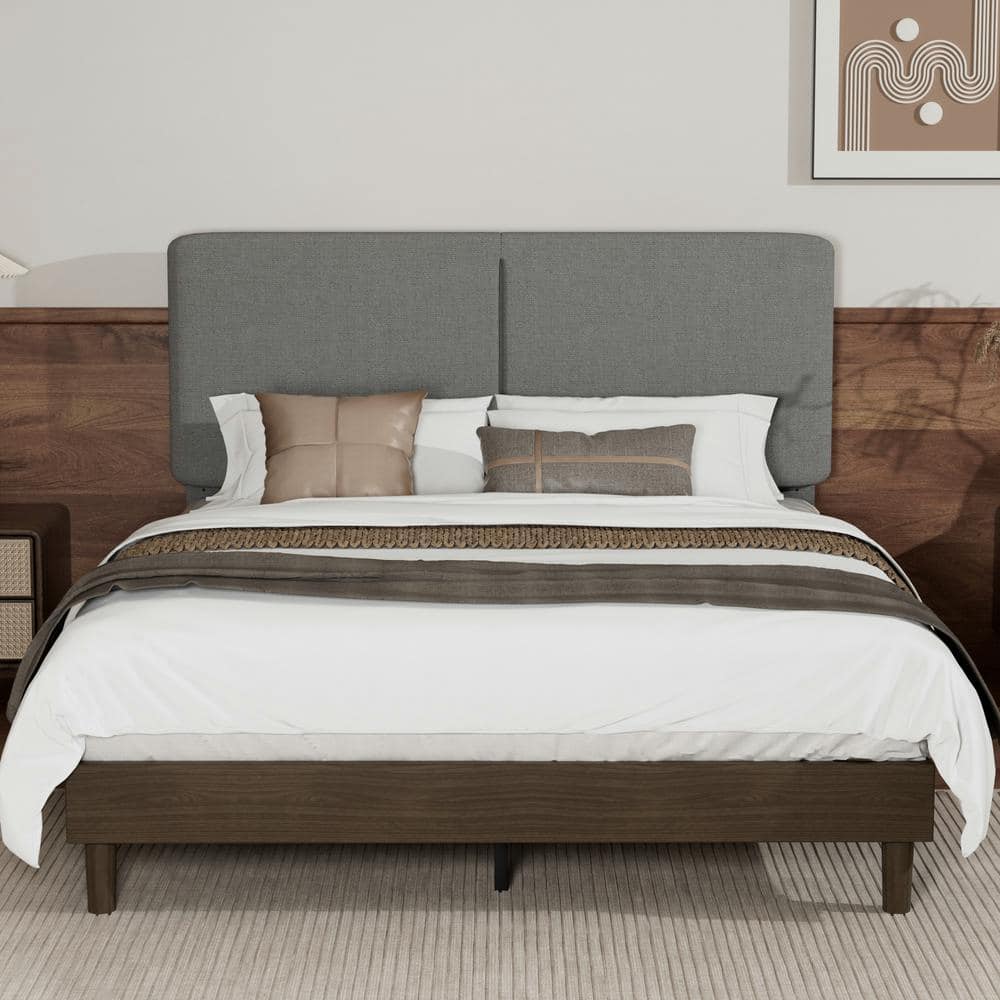 Upholstered Bed Frame with Linen Fabric Headboard, Strong Wood Slats Supports Platform Bed, Queen Size Bed, Beige - thumbnail 2