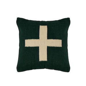 20 in. Green and Natural Square Wool Cotton Swiss Cross Throw Pillow