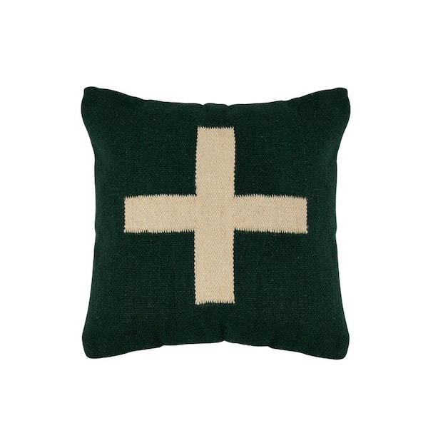 Storied Home 20 in. Green and Natural Square Wool Cotton Swiss Cross Throw Pillow
