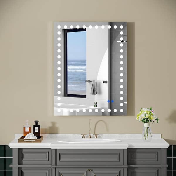 ANGELES HOME 36 in. W x 28 in. H Rectangular Frameless Wall Anti-Fog Memory Dimmer Front Circular Light LED Bathroom Vanity Mirror