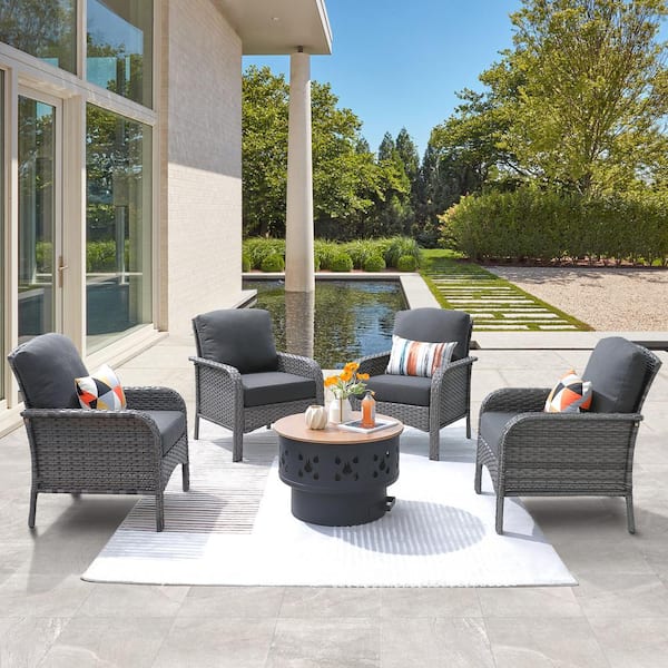 weaxty W Hyacinth Gray 5-Piece Wicker Patio Fire Pit Conversation Seating Set with Black Cushions