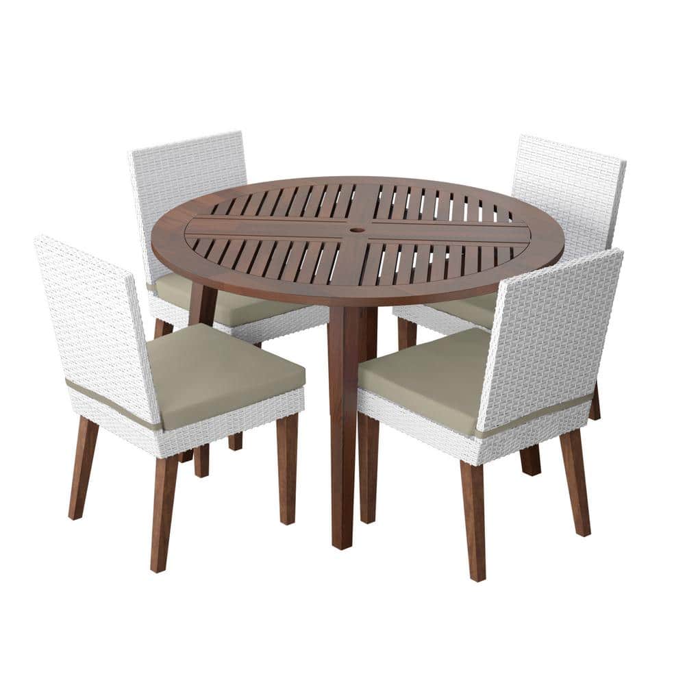TK CLASSICS 5-Piece Wicker and Acacia Outdoor Dining Set with 4 Dining Chairs with Beige Cushions -  7006533