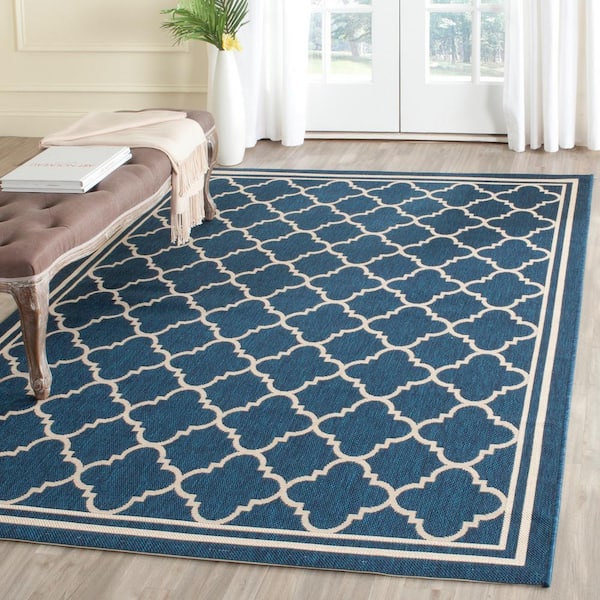 Courtyard Navy/Beige 8 ft. x 8 ft. Square Geometric Indoor/Outdoor Patio  Area Rug