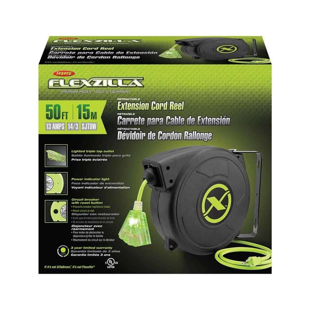 Flexzilla 50' Green Retractable Extension Cord Reel with Triple Tap Outlet