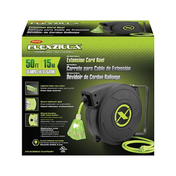 Flexzilla 50 ft. Retractable Extension Cord Reel, 14/3 AWG SJTOW Cord with  Grounded Triple Tap Outlet FZ8140503 - The Home Depot