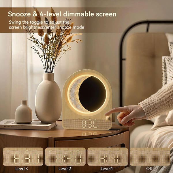 White Stepless Dimmable Moon Lamp Dual Alarm Clock with Wake Up