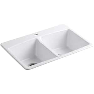 Brookfield Drop-In Cast Iron 33 in. 1-Hole Double Bowl Kitchen Sink in White