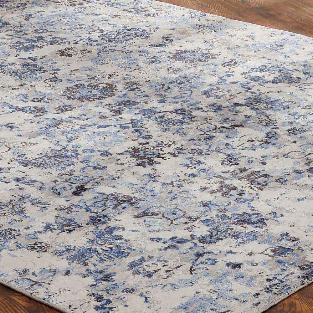 Blue and Gray Abstract High Pile Viscose Area Rug