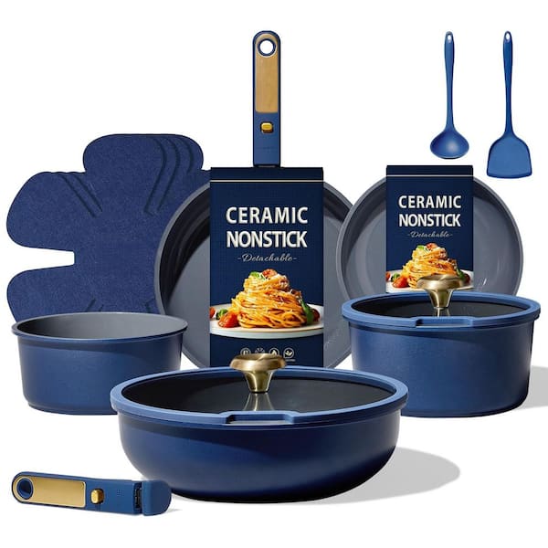 15-Piece Aluminum Nonstick Cookware Set in Blue, Kitchen Cooking Set with Detachable Handle, Non Toxic Induction