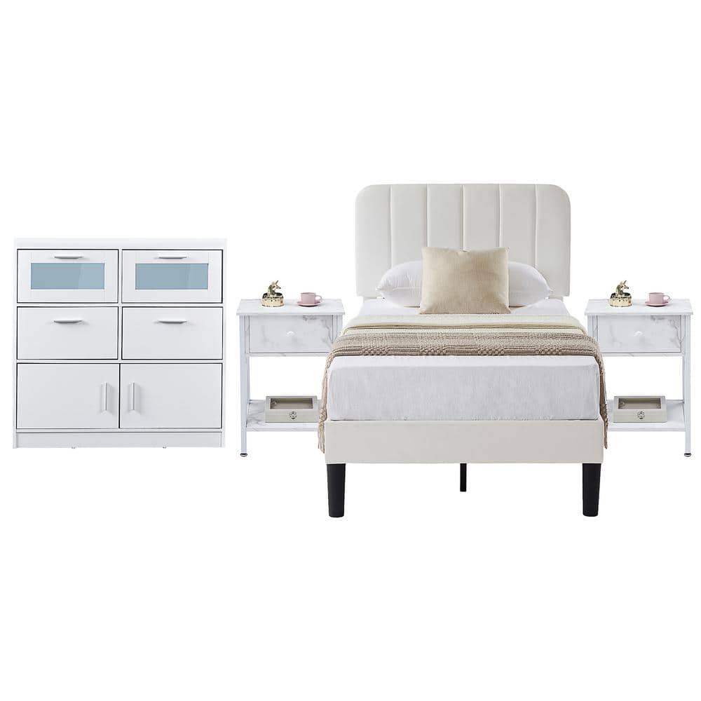 Modern Bedroom Set 4-Piece with LED Dresser, 2 Industrial Nightstands, and Twin Upholstered Metal Bed Frame, White