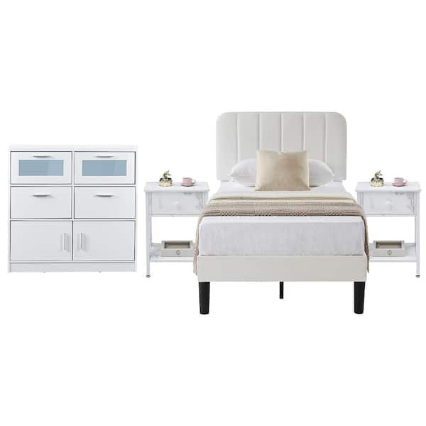 VECELO Modern Bedroom Set 4-Piece with LED Dresser, 2 Industrial Nightstands, and Twin Upholstered Metal Bed Frame, White