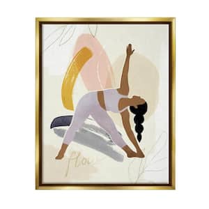 Flow Yoga Text Plant Pattern Person Stretching by Victoria Barnes Floater Frame People Wall Art Print 31 in. x 25 in.