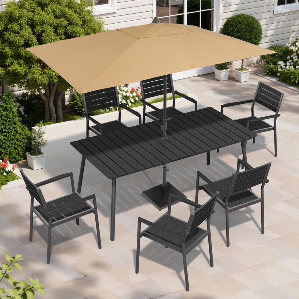 9-Piece 70 in. Aluminum Black Rectangular Outdoor Dining Set with Umbrella Base and Crank and Tilt Umbrella in Tan price history on PriceWatchPro