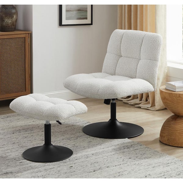 Art Leon Rotune White Fabric Height-Adjustable Swivel Accent Chair with Ottoman