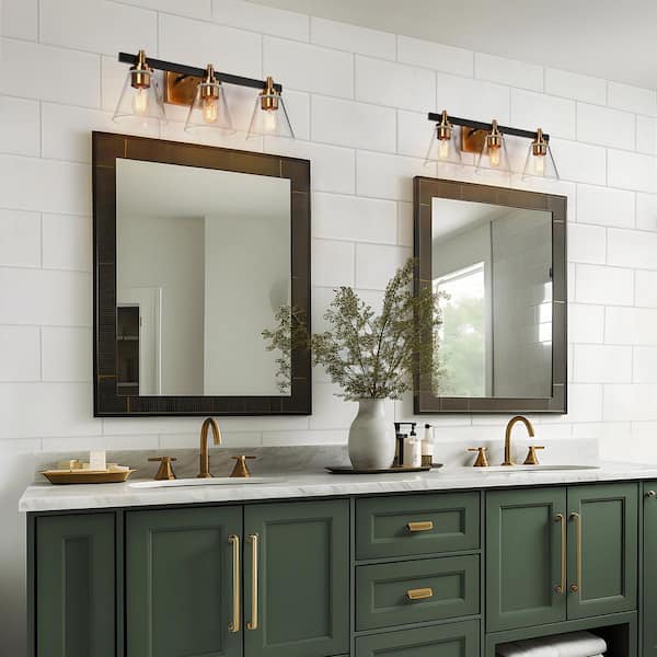21.5 in. 3-Light Brass Gold Bathroom Vanity Light, Cone Clear Glass Bath Lighting, Modern Black Indoor Wall Sconce