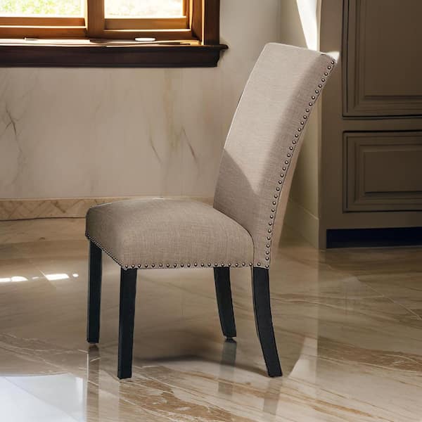 Benjara Black and Beige Fabric Side Chair with Nailhead Trims (Set of 2)