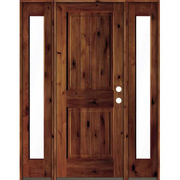 Krosswood Doors 58 in. x 80 in. Rustic Alder Square Red Chestnut Stained Wood V-Groove Left Hand Single Prehung Front Door