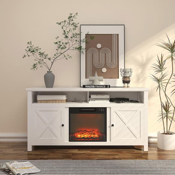 Mondawe 58 in. Freestanding MDF Electric Fireplace TV Stand with Shelves in White