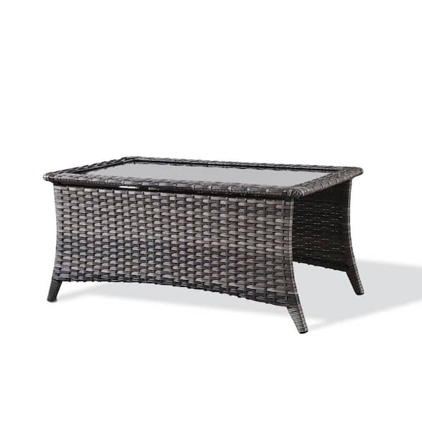 Outdoor PE Wicker Rectangle Coffee Table Patio Rattan Patio Side Table Built-In Glass Top Sofa Table Gray