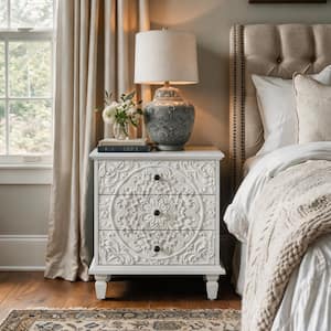 White Vintage Scrollwork Embossed 3-Drawer Nightstand for Bedroom, Farmhouse End Side Table for Living Room