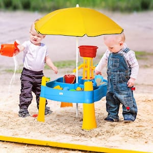 2 in 1 Covered Sandbox Table with Umbrella, 5-Piece Sand and Water Table Little Kids Toys Game House Gift Beach Outdoors