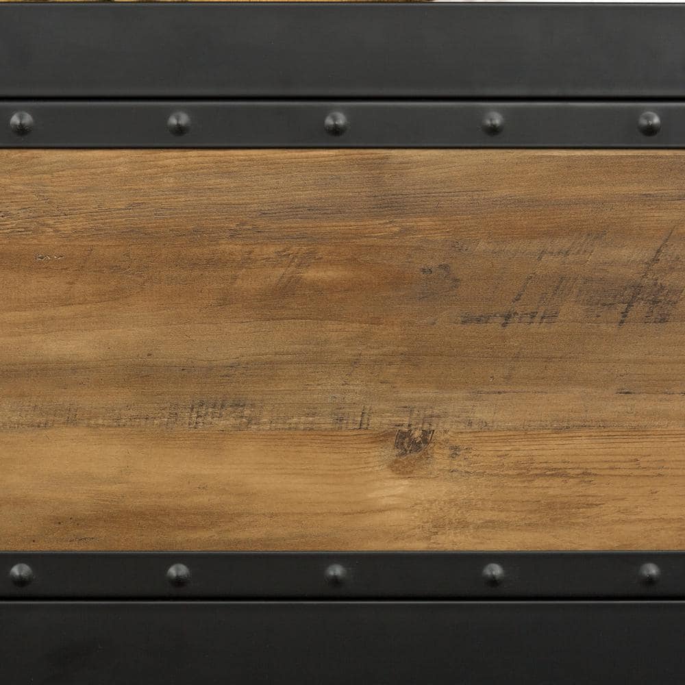Rustic Oak Queen Bed with Metal Frame and Wood Headboard