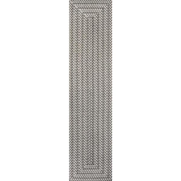 Chevron Light Gray/Black 2 ft. x 8 ft. Modern Concentric Square Indoor/Outdoor Area Rug
