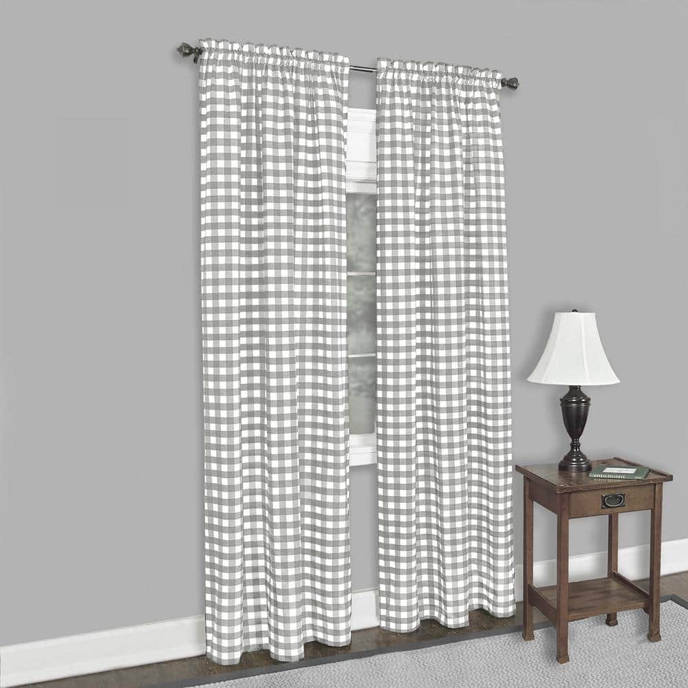 Grey and White Buffalo Check Rod Pocket Drape Panel