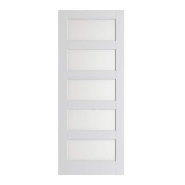 32 in. x 80 in. 5-Lite Solid Core Frosted Glass White Primed Composite MDF Interior Door Slab