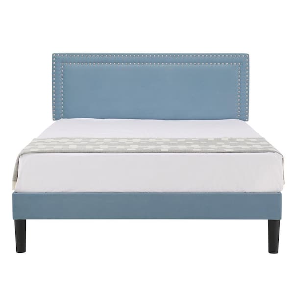 VECELO Upholstered Bed with Adjustable Headboard, No Box Spring Needed Platform Bed Frame, Bed Frame Light Blue Full Bed