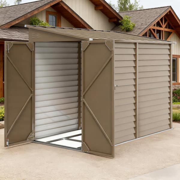 4.7 ft. x 8.9 ft. Brown Metal Lean-To Outdoor Storage Shed with Foundation Kit, Lockable Doors, Gloves for Patio, Lawn