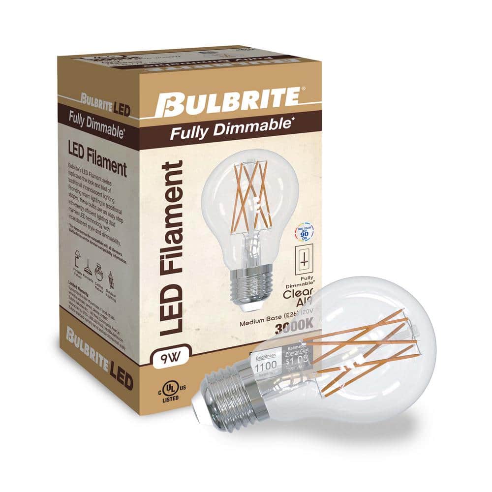 9W Clear Filament A19 Dimmable LED Bulb Pack