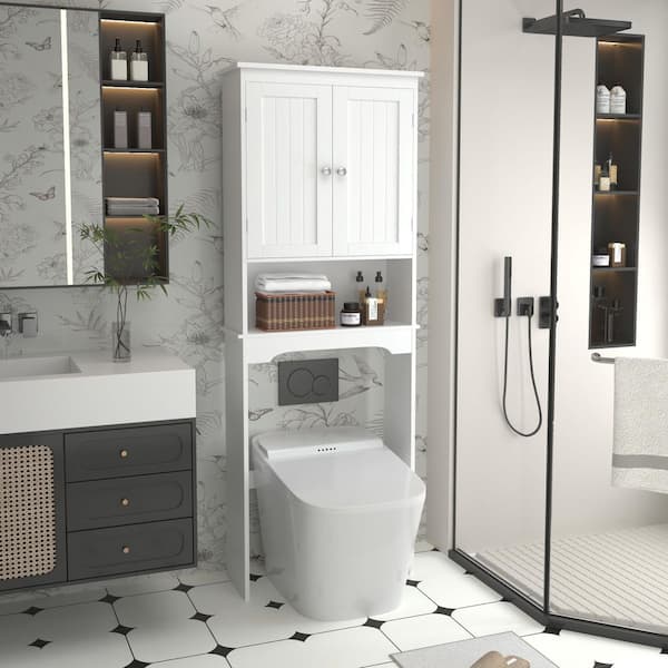 25 in. W x 9 in. D x 66 in. H White MDF Board Over The Toilet Storage Bathroom Shelf with Doors