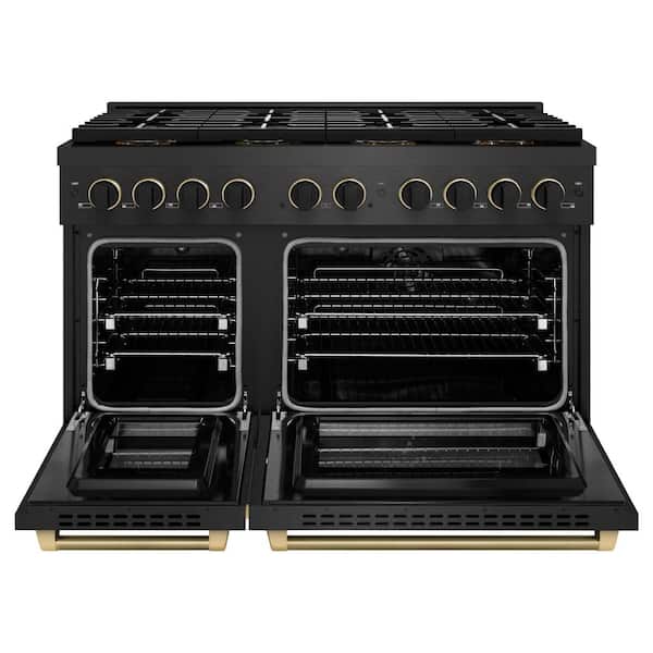 Designer 48 in. 6.7 cu. ft. Dual Fuel Range with 8 Burner DuoPro Cooktop in Black Satin with Black and Champagne Accents