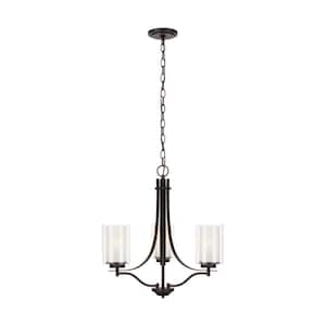 Elmwood Park 3-Light Bronze Modern Transitional Hanging Candlestick Chandelier with Satin Etched Glass Shades