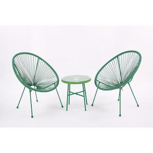 3 Piece Green Metal PE Rattan Outdoor Patio Conversation Set with Side Table Flexible Rope Furniture with Coffee Table