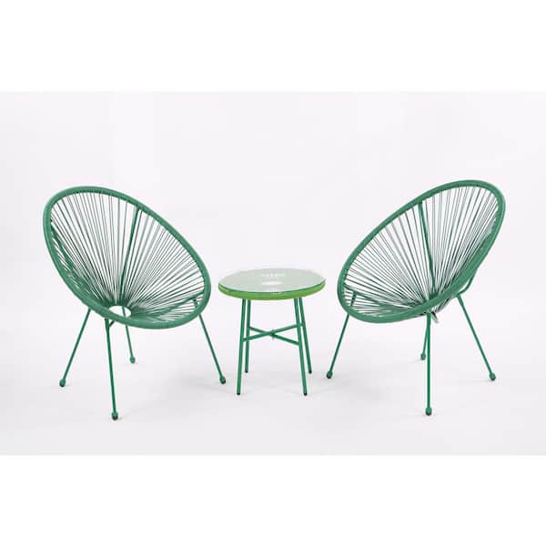 Zeus & Ruta 3 Piece Green Metal PE Rattan Outdoor Patio Conversation Set with Side Table Flexible Rope Furniture with Coffee Table