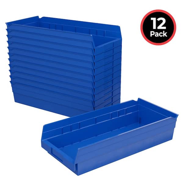30158 Plastic Storage Shelf Bins, 18 in. D x 8 in. W x 4 in. H, Blue, 12-pack