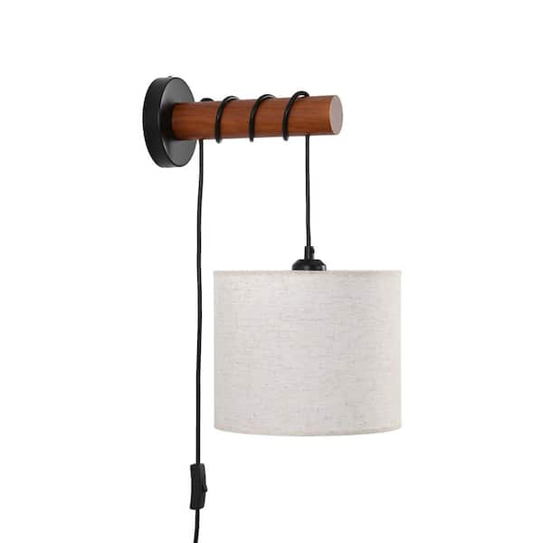 Modern 9.44 in. 1-Light Black Farmhouse Plug-In Wall Sconce with a Beige Fabric Shade