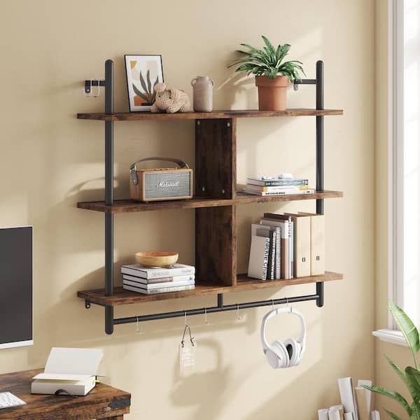 Bestier 41.54 in. W x 9.37 in. D Rustic Brown 3-Tier Ladder Composite Decorative Wall Shelf with Circular Tube and Hooks