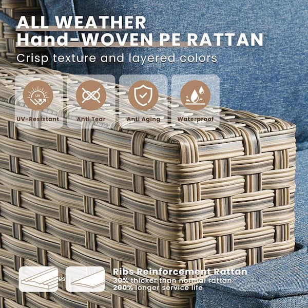 Tiberte Gray 5-Piece Wicker Patio Conversation Seating Set with Denim Blue Cushions