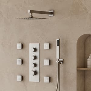 Thermostatic 7-Spray 12 in. Wall Mount Dual Shower Head and Handheld Shower in Brushed Nickel (Valve Included)