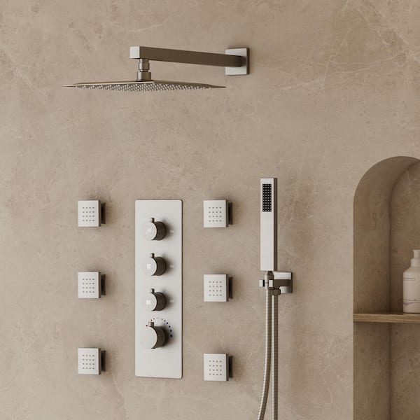 YAWWALK Thermostatic 7-Spray 12 in. Wall Mount Dual Shower Head and Handheld Shower in Brushed Nickel (Valve Included)