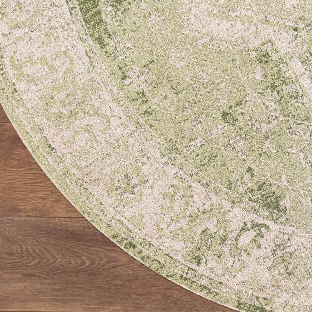 Ivory Green Round Synthetic Medallion Washable Rug 5'3"