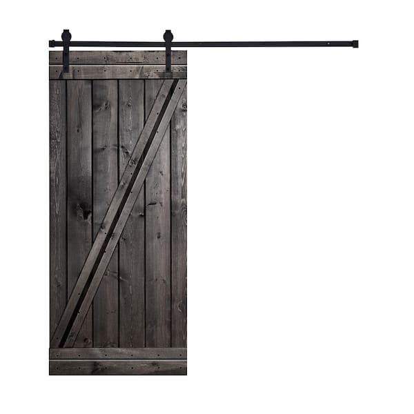 AIOPOP HOME Modern Z Style Series 30 in. x 84 in. Charcoal black stained Knotty Pine Wood DIY Sliding Barn Door with Hardware Kit