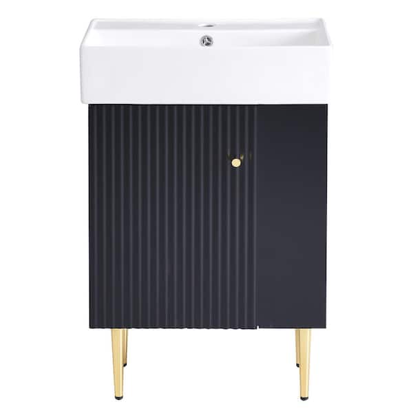 Lycvki 21.6 in. Bath Vanity Cabinet in Black with White Ceramic Basin Top, Right Side Storage