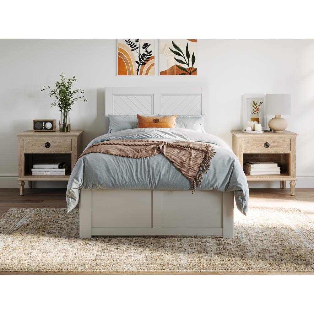 White Twin XL Wood Platform Bed with Chevron Headboard and Storage Drawers