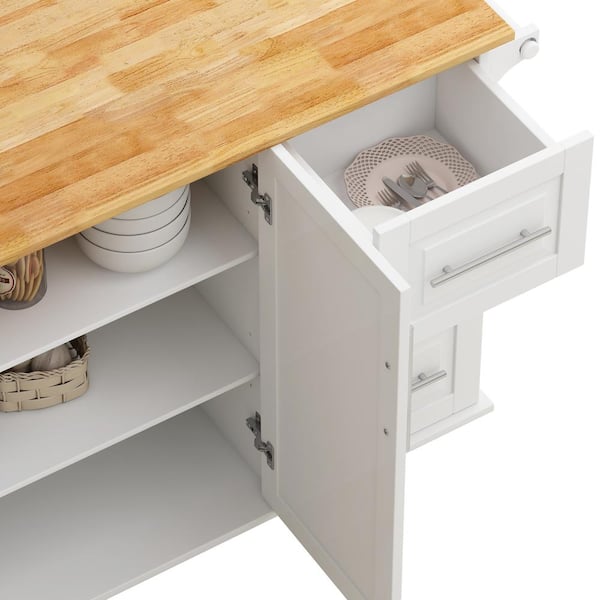 White Wood 50.3 in. Kitchen Island Set with Drop Leaf and 2