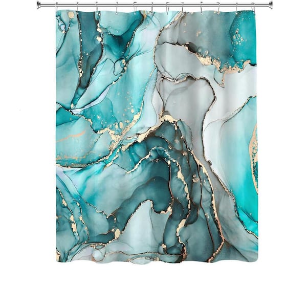 72 x 72 Fabric Shower Curtain Set Teal Marble Modern Abstract Turquoise Gold Ink Texture with Hooks