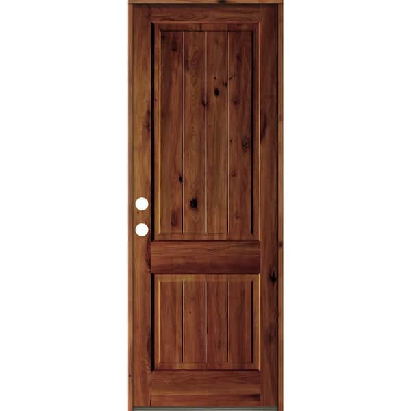 Krosswood Doors 36 in. x 96 in. Rustic Knotty Alder Square Top V-Grooved Red Chestnut Stain Right-Hand Wood Single Prehung Front Door